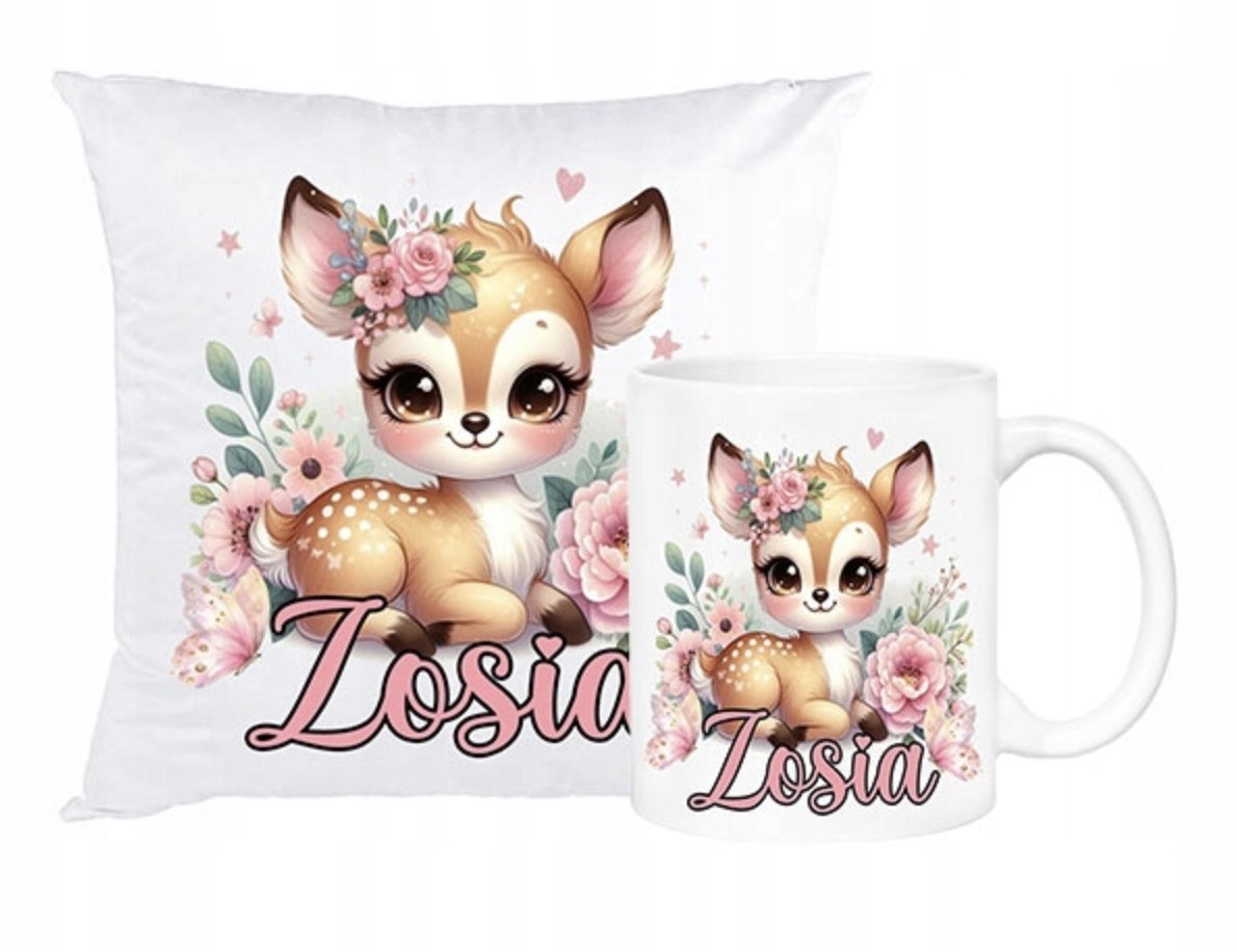ZESTAW PODUSZKA + KUBEK Prezent SARENKA JELONEK BOHO SŁODKA + IMIĘ 13