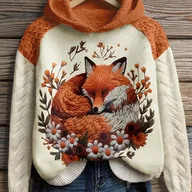 Bluzy damskie - TEMU Damski Przytulny Sweter z Kapturem w Liski i Wzory Floralne - Rustykalna Beżowa & Pomarańczowy Pulower o Luźnym Fasonie, Długa Bluza na Zimę do - miniaturka - grafika 1