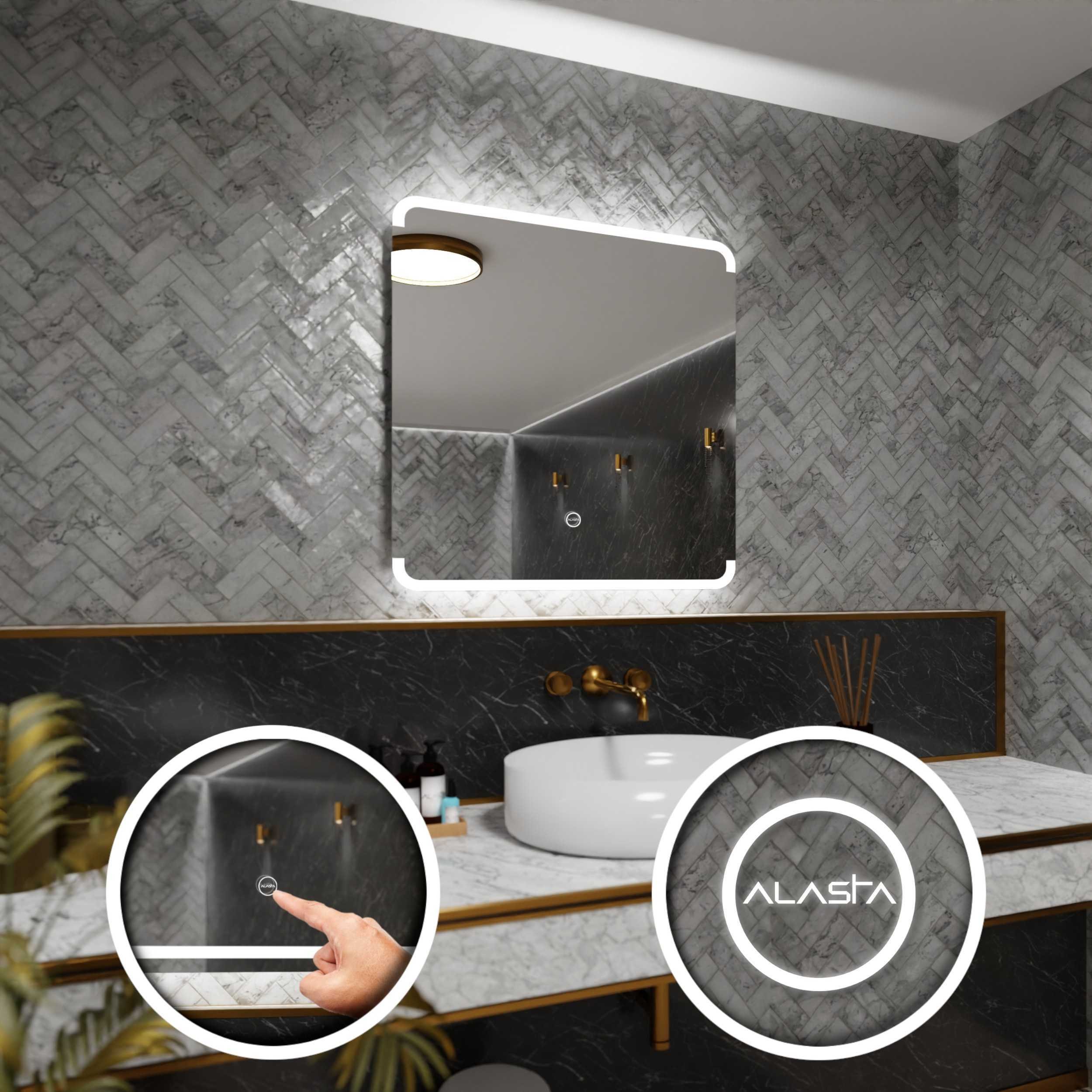 Prostokątne lustro łazienkowe z podświetleniem LED i włącznikiem dotykowym - Assen - 100 x 100cm