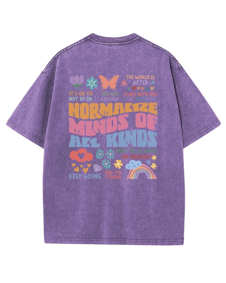 Damska koszulka oversize efekt sprania Pozytywne Myślenie Fioletowa L