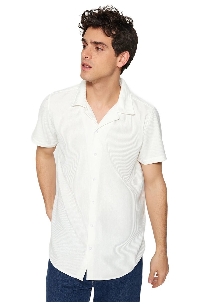 TRENDYOL MAN BIAŁA KOSZULA MĘSKA CASUAL KRÓTKI RĘKAW ŻEBROWANA S 5DA