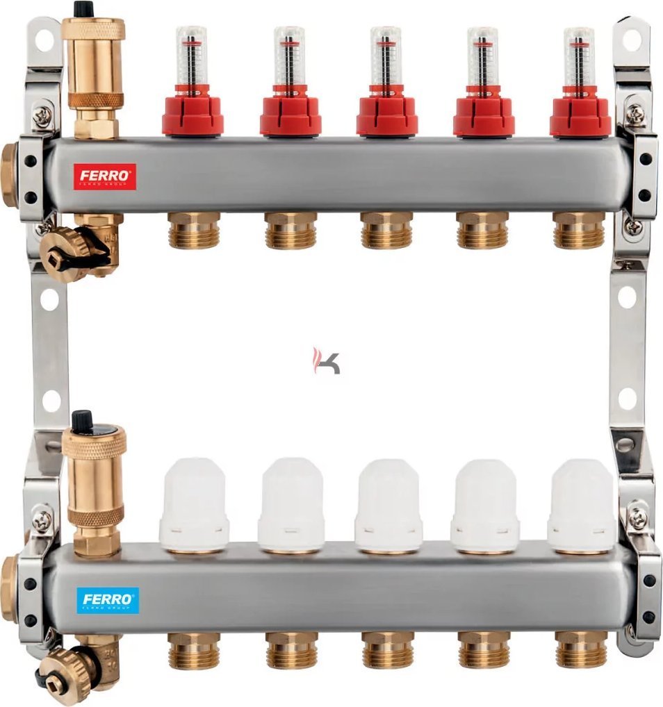 FERRO Rozdzielacz ze stali nierdzewnej 1 7-drogowy z zaworami termostatycznymi, przepływomierzami, odpowietrznikami automatycznymi, zaworami spustowymi, nyplami 3/4