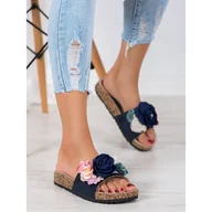 Klapki i japonki damskie - Klapki Z Kwiatami VINCEZA granatowe niebieskie wielokolorowe - Vinceza - miniaturka - grafika 1