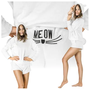 KOMPLET PIŻAMA DAMSKA PLUSZOWA CIEPŁA BLUZA Z KAPTUREM SPODENKI KOCIA USZY M - Piżamy damskie - miniaturka - grafika 1