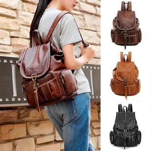 Morakot Damski skórzany plecak Torba na ramię Anti-theft Torebka Girl Casual Satchel School Ciemny brąz - Torebki damskie - miniaturka - grafika 1