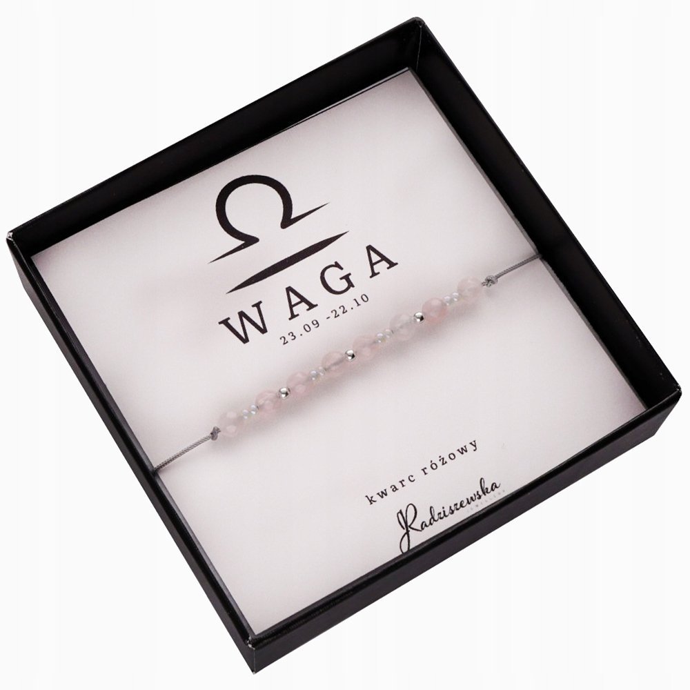 Bransoletka Znak Zodiaku WAGA Kamienie Naturalne Kwarc Różowy Prezent 925