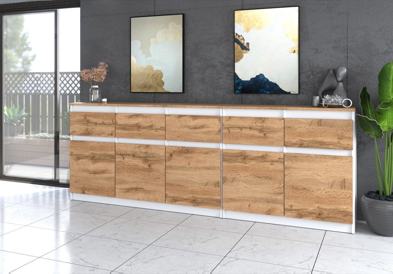 Komoda Do Salonu Sypialni Nowoczesna 200cm 5 Szuflad Biała Mat Dąb Wotan
