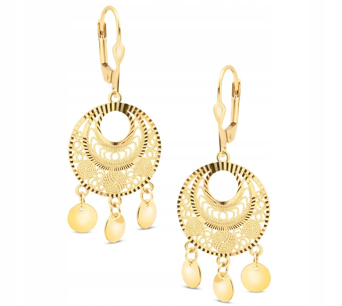 PIĘKNE OKRĄGŁE ZŁOTE KOLCZYKI AŻUROWE Z DIAMENTOWANIEM 14KT 585