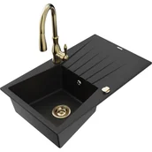 Zlewozmywaki z baterią - Mexen Cesar zlewozmywak granitowy 1-komorowy z ociekaczem i baterią kuchenną Savita, czarny - miniaturka - grafika 1