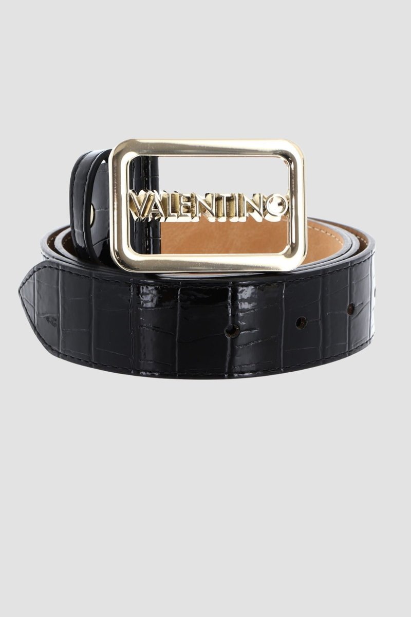 VALENTINO Czarny pasek damski lakierowany Around Plaque Buckle Belt S