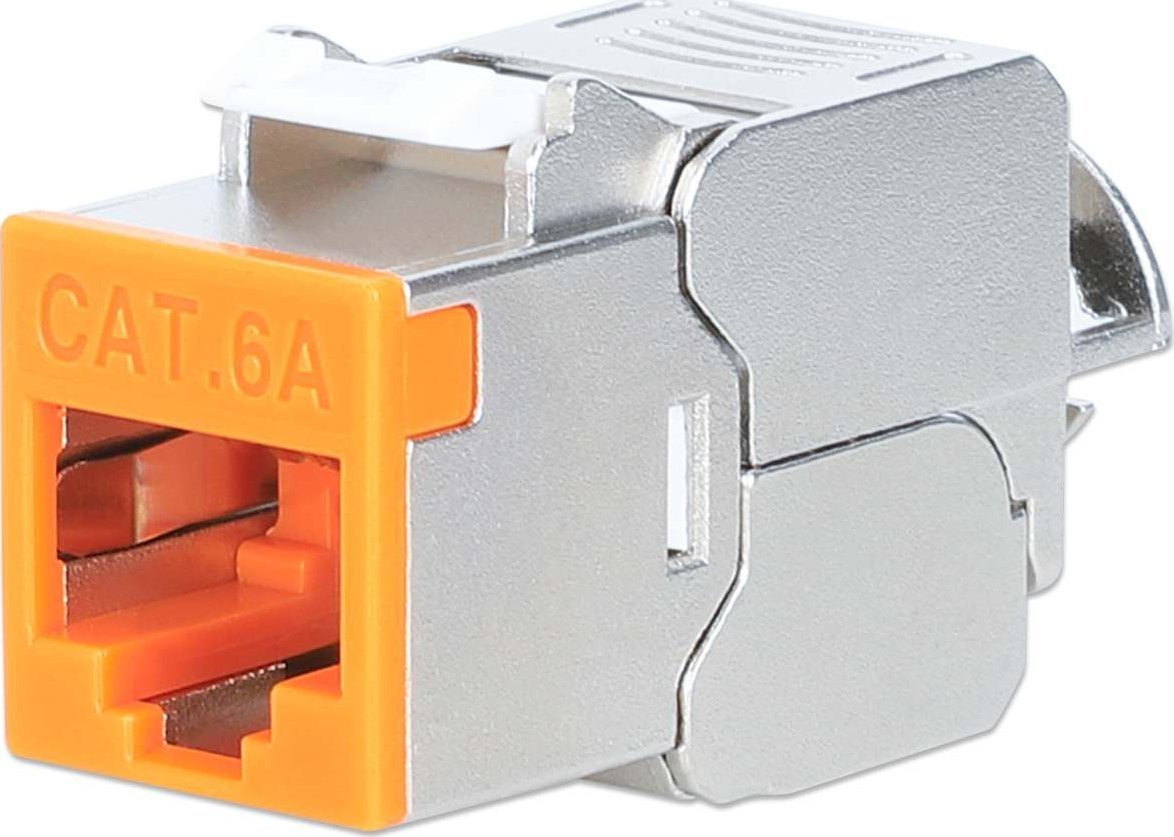 Intellinet Network Solutions INTELLINET Cat6a 10G Slimline Keystone-Modul STP werkzeuglos mit Rastclip f�r Massivdraht vergoldete Kontakte Metallgeh�use orange 791328