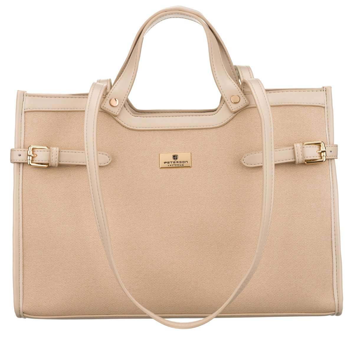 Torebka damska na ramię lub do ręki PETERSON elegancka duża shopper bag na magnes kieszonki na drobiazgi telefon wysokie uchwyty beżowa modna