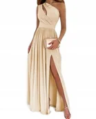 Sukienki - SUKIENKA WIECZOROWA ROZKLOSZOWANA NA JEDNO RAMIĘ MAXI DŁUGA BEŻOWA WESELE S - miniaturka - grafika 1
