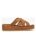 Klapki i japonki damskie - Unisa Skórzane klapki w kolorze jasnobrązowym na koturnie - miniaturka - grafika 1