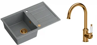 Quadron Zlewozmywak granitowy jednokomorowy 78*50*22 cm z ociekaczem MORGAN 111 SILVER STONE z miedzianym odpływem z baterią RACHEL Q LINE kolor miedziany - Zlewozmywaki z baterią - miniaturka - grafika 1