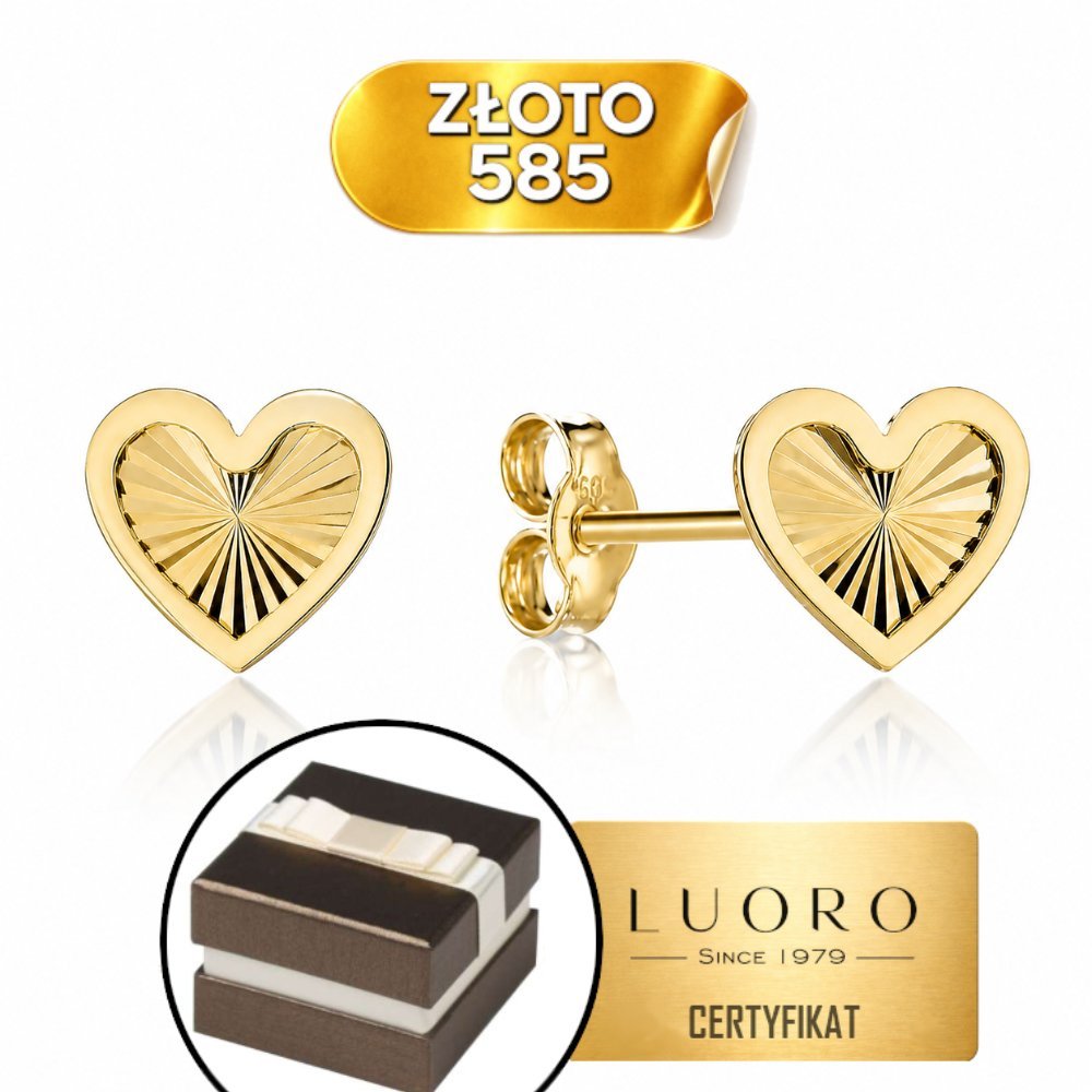 KOLCZYKI ZŁOTE 585 14K SERCA DIAMENTOWANE 7 MM SZTYFT ELEGANCKIE