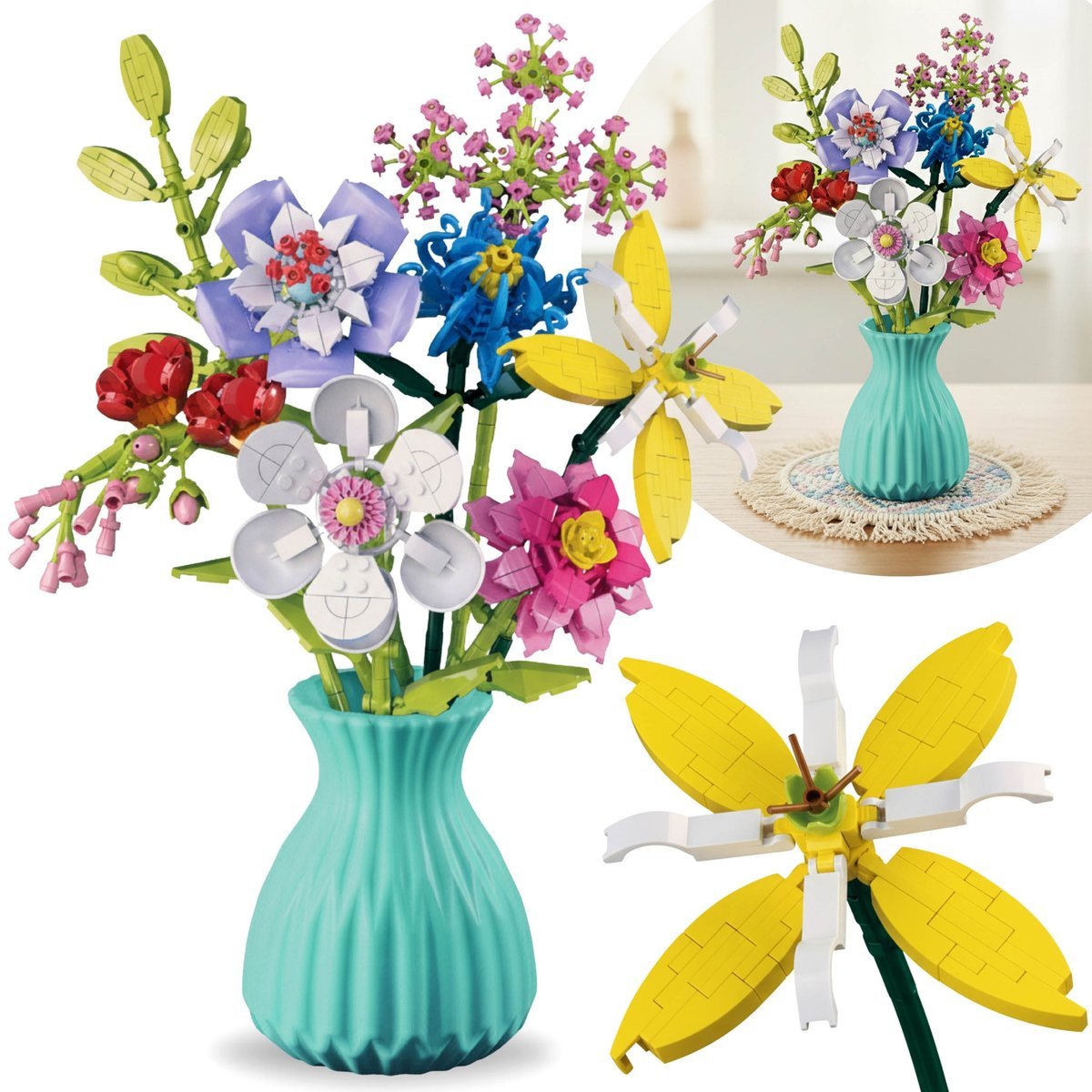 Bukiet z klocków konstrukcyjnych,8 SZTUK KWIATÓW w wazonie, ZESTAW DIY, 778 elementy 6+