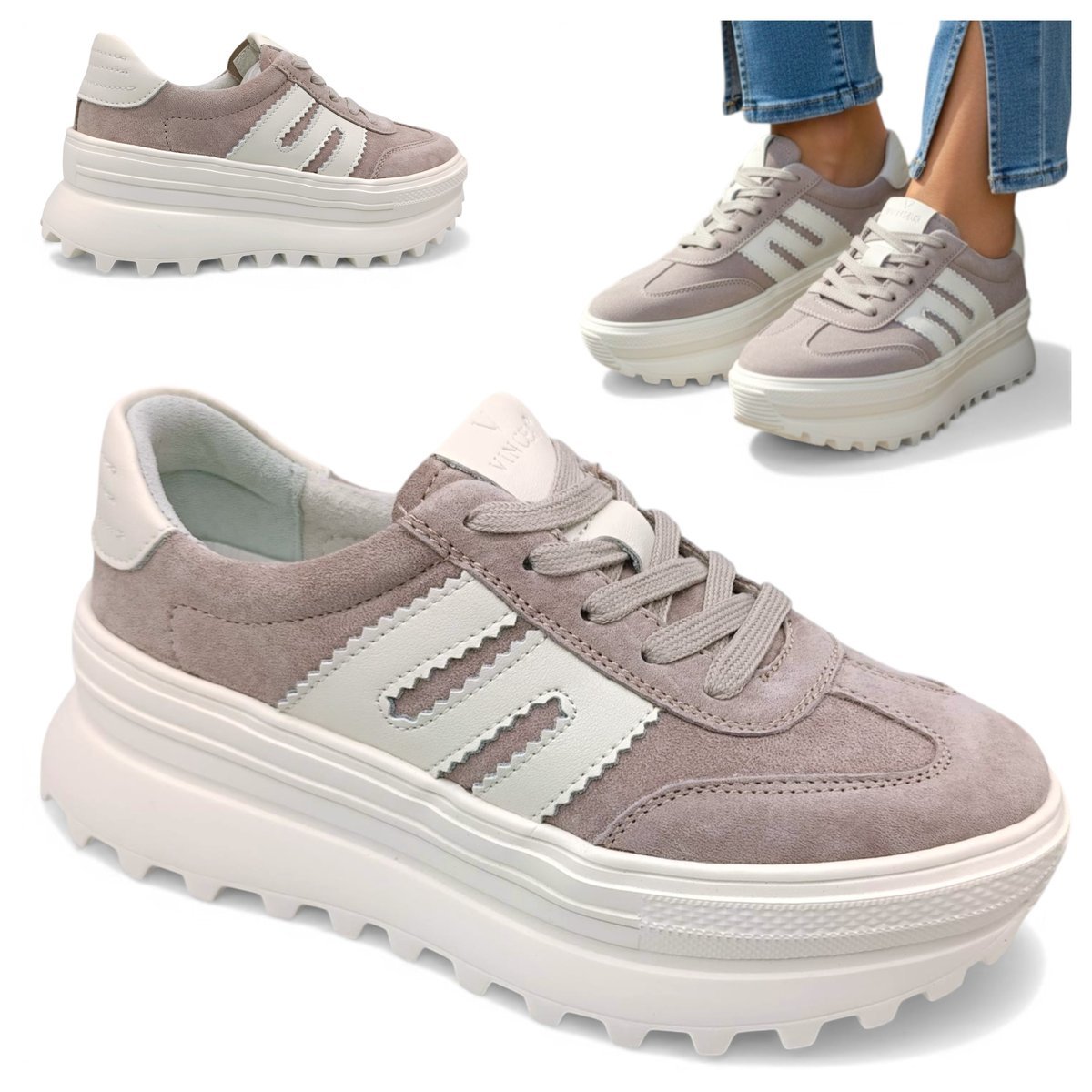 Sneakersy Damskie SKÓRZANE Wygodne Półbuty Beżowe na Platformie Vinceza 40