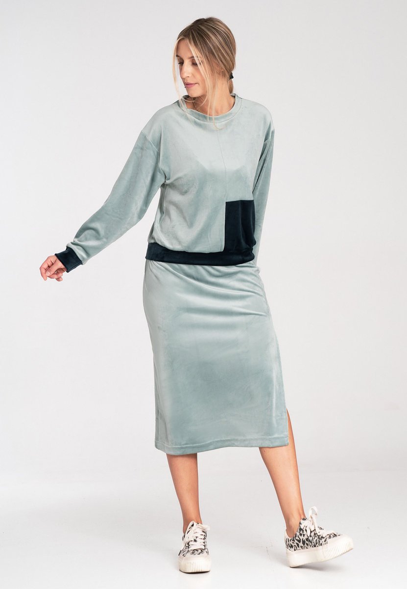 Damski welurowy komplet dresowy bluza i spódnica midi na co dzień Regular Fit - M1036, miętowy, L