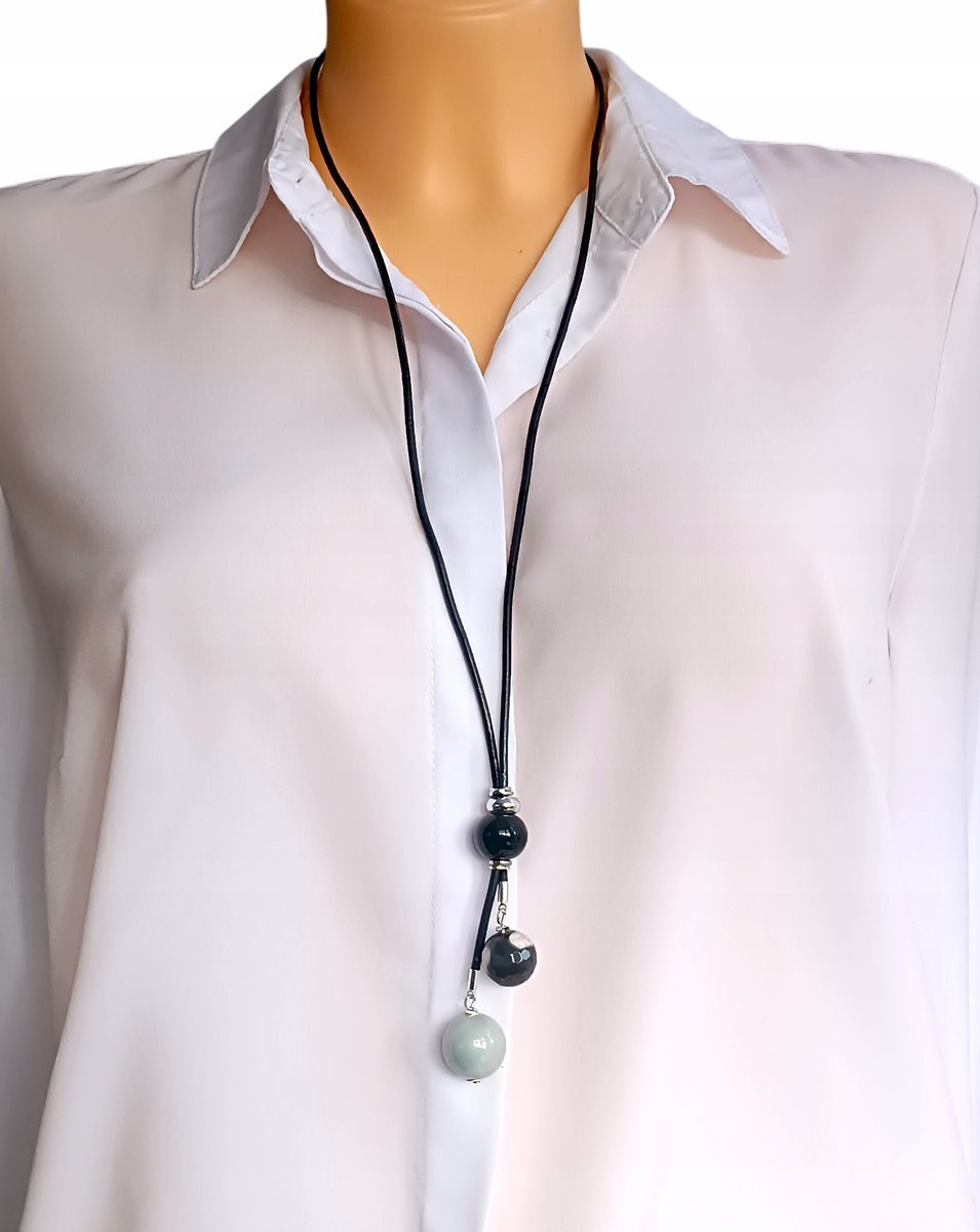 Długi naszyjnik chwost NIEBIESKI CIEMNY BRĄZ CERAMIKA AGAT rzemień 70cm