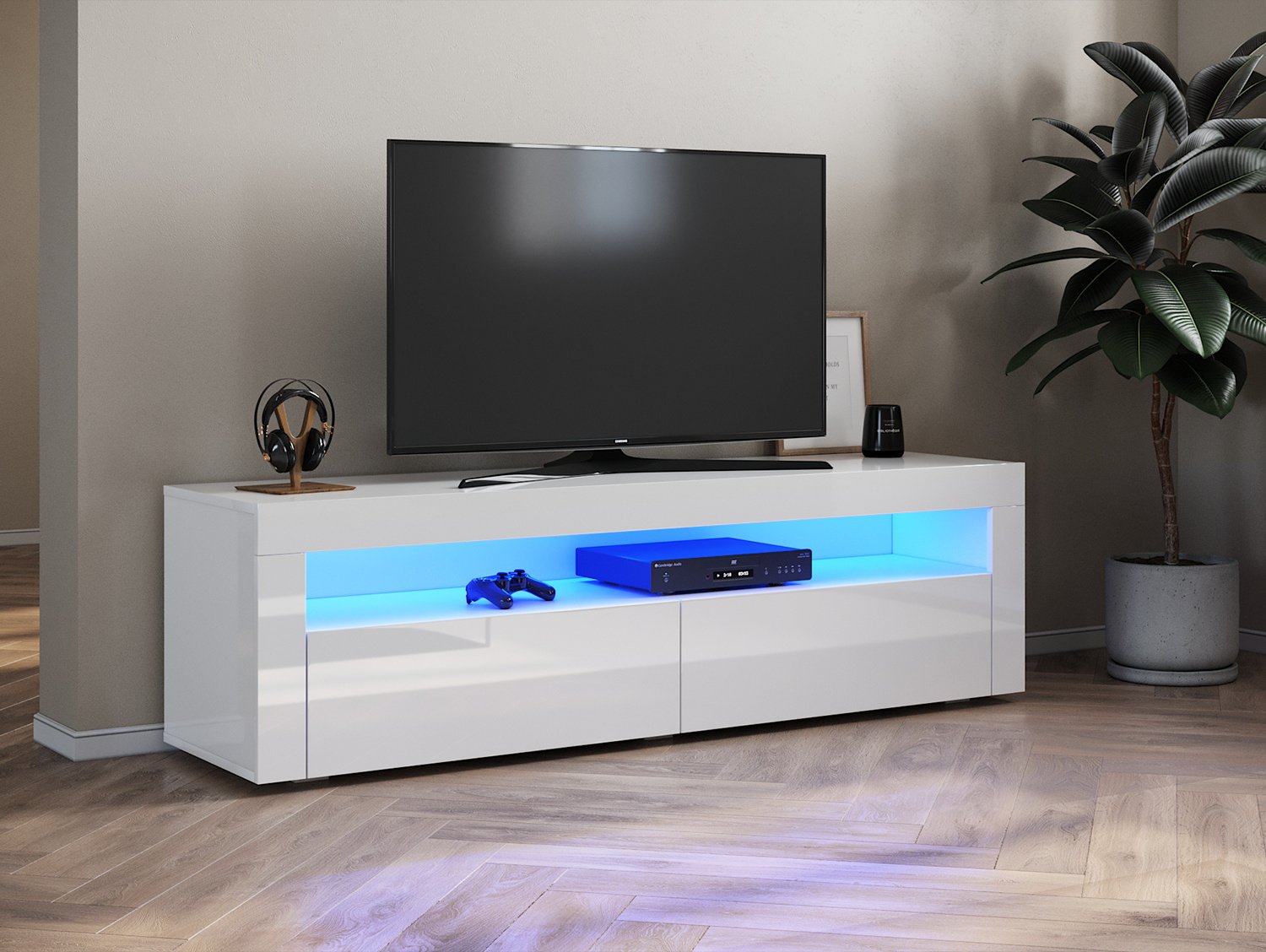 SUNXURY Niska szafka pod TV biały wysoki połysk z oświetleniem LED, 12 kolorów LED, z 2 drzwiami skrzydłowymi, bez uchwytów 155 x 40 x 45 cm