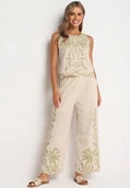 Komplety damskie - Beżowy Haftowany Bawełniany Komplet Góra Bez Rękawów i Spodnie z Długimi Nogawkami Jerceria - miniaturka - grafika 1