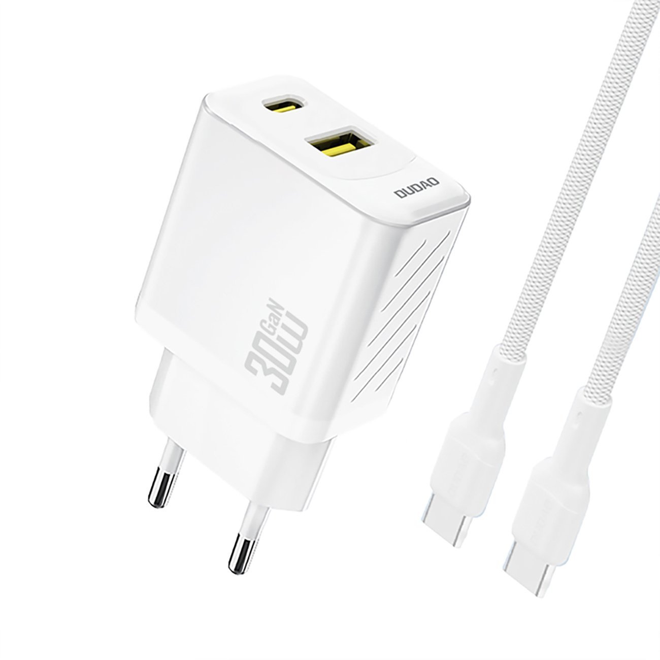 Ładowarka sieciowa USB-A USB-C z kablem USB-C GaN PD 30W - biała Ładowarka sieciowa USB-A USB-C z kablem USB-C GaN PD 30W - biała