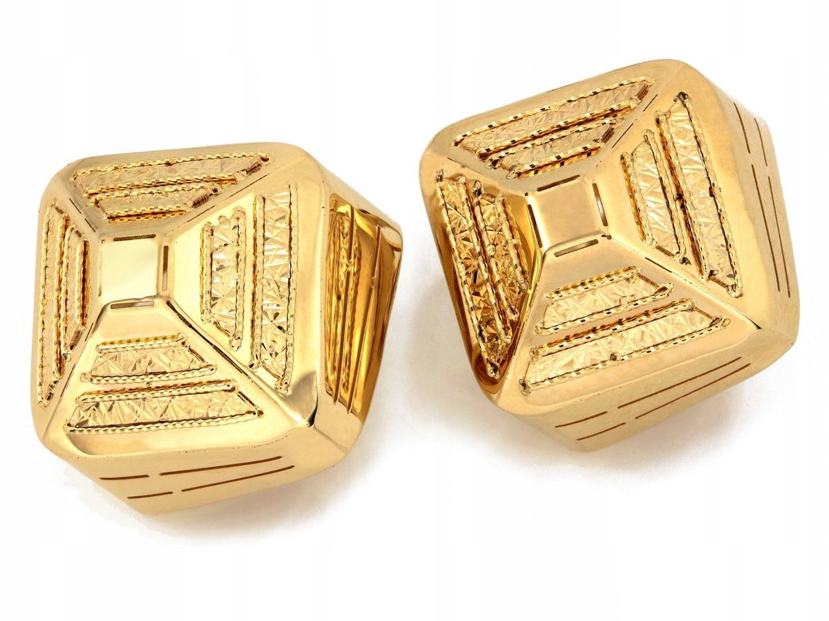 Nowoczesne złote 585 kolczyki trójwymiarowe sześciany ażurowe diamentowane