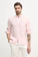 Koszule męskie - Lacoste koszula lniana kolor różowy regular z kołnierzykiem button-down - miniaturka - grafika 1