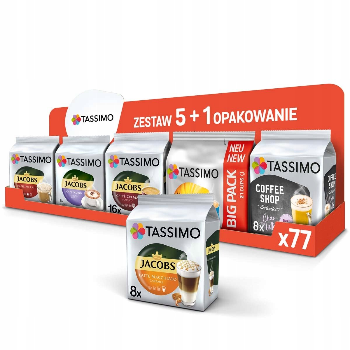 Kapsułki Tassimo Caffe Crema, Latte, Cappucino, mix smaków, 5+1 Gratis!