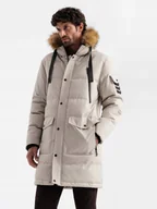 Kurtki męskie - Długa ciepła męska kurtka typu parka z kapturem beżowa V5 OM-JALJ-0182 XXL - miniaturka - grafika 1