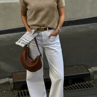 Swetry damskie - TEMU Damska Biała Beżowa Koszulka z Krótkim Rękawem - Casual do Eleganckiego Biura z Pasem w Talii, Mała Okrągła Dekoltka, Krótka Bluzka na - miniaturka - grafika 1