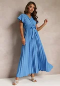 Sukienki - Niebieska Koktajlowa Maxi Sukienka Ozdobiona Plisami z Trójkątnym Dekoltem i Wiązaniem w Talii Phoelia - miniaturka - grafika 1