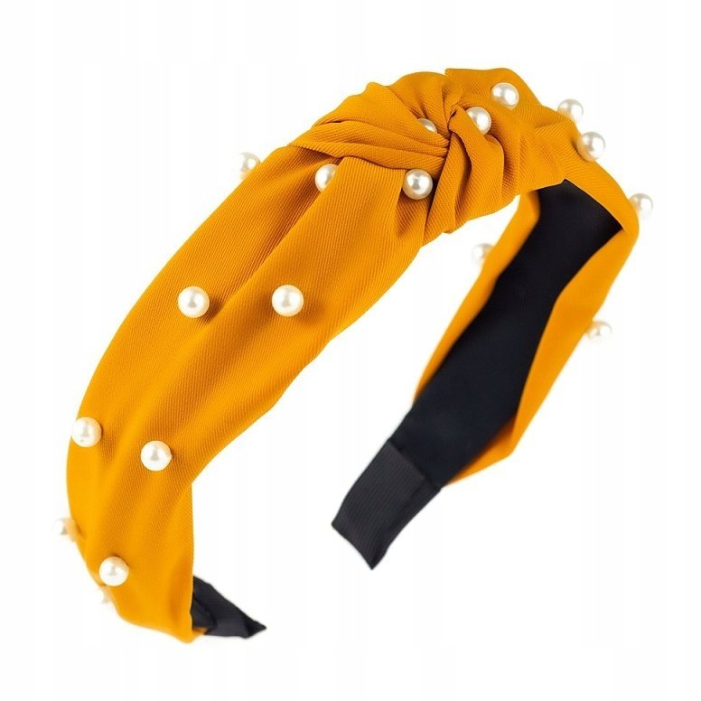 Opaska Do Włosów Węzeł Perełki Szeroka Turban Knot Musztardowy Żółty