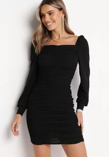 Czarna Sukienka Błyszcząca z Drapowaniem i Kwadratowym Dekoltem Tashi - Sukienki - miniaturka - grafika 1