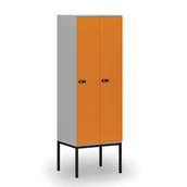Szafy biurowe - Drewniana szafa ubraniowa z podstawą, 2 przegródki, zamek mechaniczny z kodem, szary/pomarańczowy - miniaturka - grafika 1