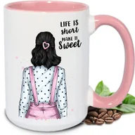 Kubki - Kubek DUŻY BIAŁY Life is short make it sweet RÓŻÓWE UCHO I WNĘTRZE WZORY - miniaturka - grafika 1
