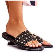 Klapki i japonki damskie - S.Barski Damskie Skórzane Klapki Z Ozdobą Czarne Brien - miniaturka - grafika 1