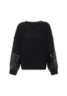 Swetry damskie - faina Damski sweter z dzianiny z dekoltem w serek i cekinowymi rękawami, czarny, rozmiar M/L, czarny, XL - miniaturka - grafika 1