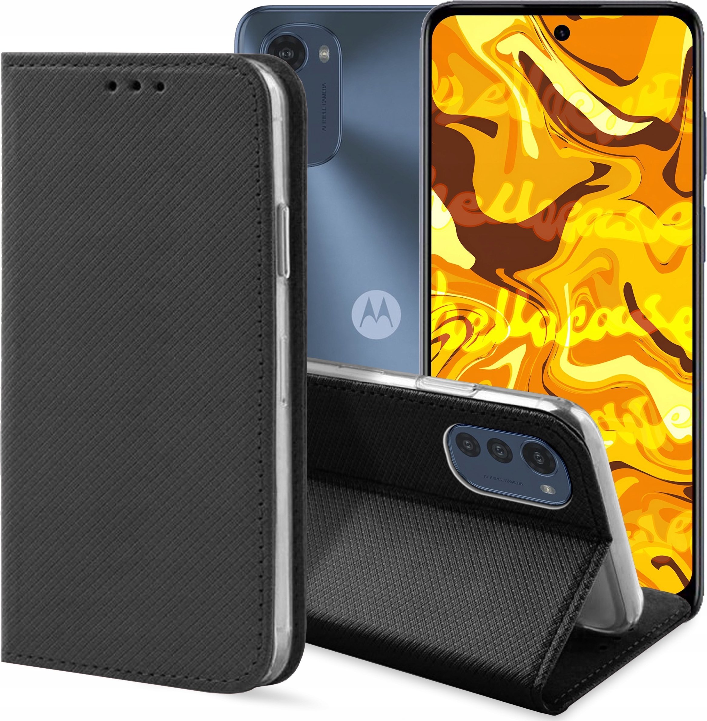Hello Case ETUI Z KLAPKĄ DO MOTO E32 / E32S CZARNE ZAMYKANE MAGNETYCZNE KABURA FUTERAŁ