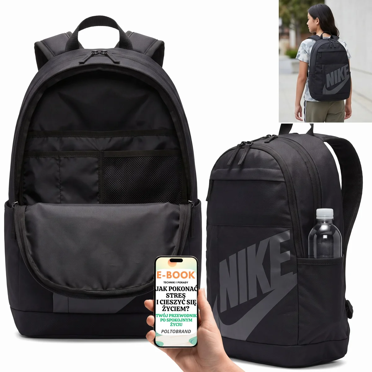 Nike Elemental Plecak Szkolny Czarny Pojemny z Kieszeniami na Laptop i Buty + E-BOOK-1