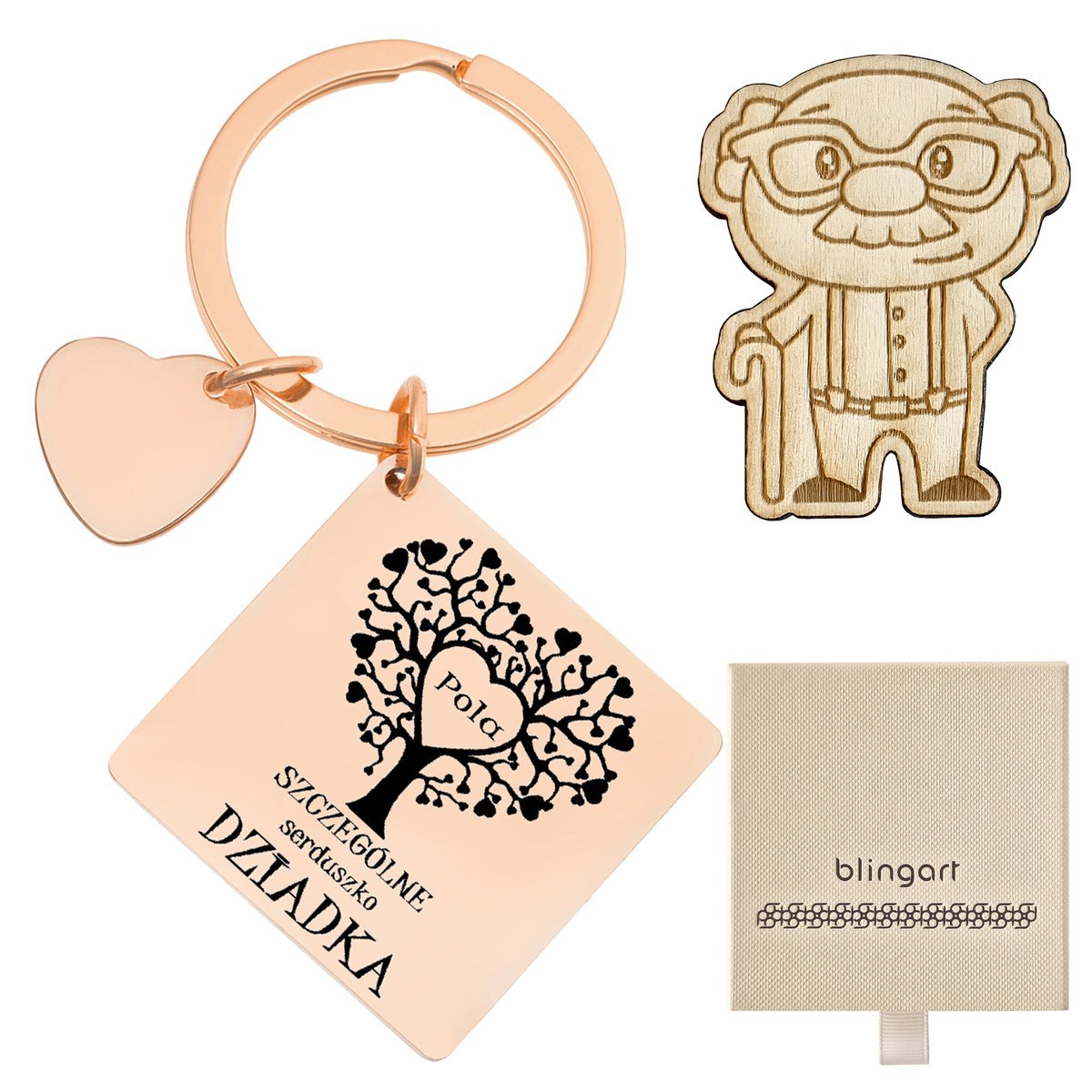 Brelok do kluczy z grawerem KWADRAT serduszko KOLO