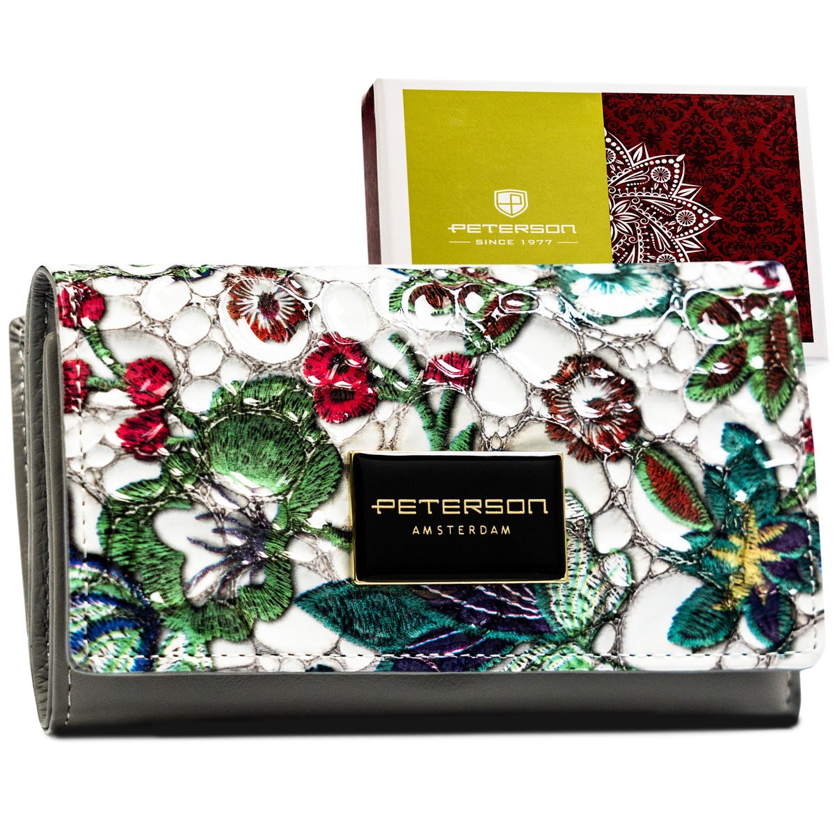 Średniej wielkości kolorowa portmonetka damska na zatrzask i suwak PETERSON rozbudowany portfel na karty i gotówkę z lakierowanej skóry naturalnej p..