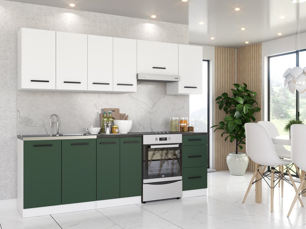 Meble Kuchenne Modułowe Mokka 2.4m Nowoczesne Białe Mat Butelkowa Zieleń