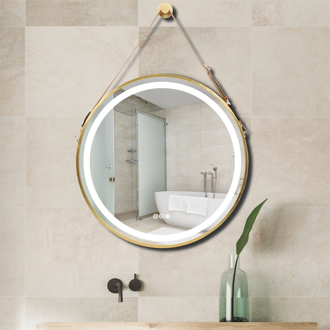 WISFOR Lustro łazienkowe LED okrągłe, 60cm Lustro łazienkowe ścienne LED z oświetleniem, 3 barwy światła 3500-6500K Ściemnialne Bezmgielne podświetlane lustro z włącznikiem dotykowym IP44, złote