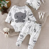 Komplety dla niemowląt - TEMU Uroczy Body dla Niemowląt z Wzorem Słonia, Księżyca i Gwiazd + Spodnie + Czapka dla Niemowląt, Kombinezon dla Chłopca do Pełzania na Wiosnę i - miniaturka - grafika 1