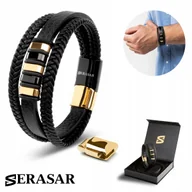 Bransolety męskie - SERASAR Męska skórzana bransoletka [Glory] - Złoto 17 cm - Z magnetycznym zapięciem ze stali nierdzewnej - Idealny prezent urodzinowy dla brata lub .. - miniaturka - grafika 1