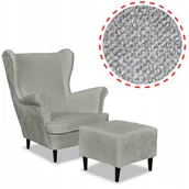 Fotele - Fotel uszak Bella z podnóżkiem szary welur plusz - miniaturka - grafika 1