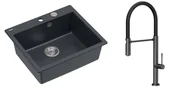 Zlewozmywaki z baterią - Quadron Unique Zlewozmywak granitowy jednokomorowy 57*50*22 cm MORGAN 110 BLACK DIAMOND z syfonem Push-2-Open w kolorze stalowym z baterią MARGOT T LINE GRAPHITE METAL z ruchomą wylewką kolor grafit/czarny wąż - miniaturka - grafika 1