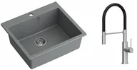 Zlewozmywaki z baterią - Quadron Zlewozmywak granitowy jednokomorowy 57*50*22 cm MORGAN 110 SILVER STONE ze stalowym odpływem z baterią GEMMA Q LINE SLIM z ruchomą wylewką kolor stal szczotkowana/czarny wąż - miniaturka - grafika 1
